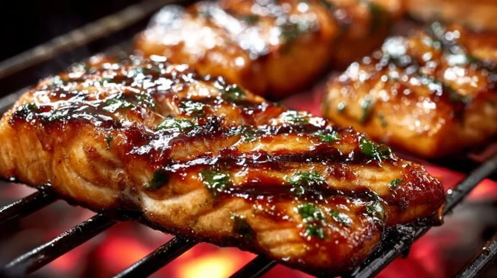 Delicious sweet glazed grilled salmon on a plate with herbs and lemon