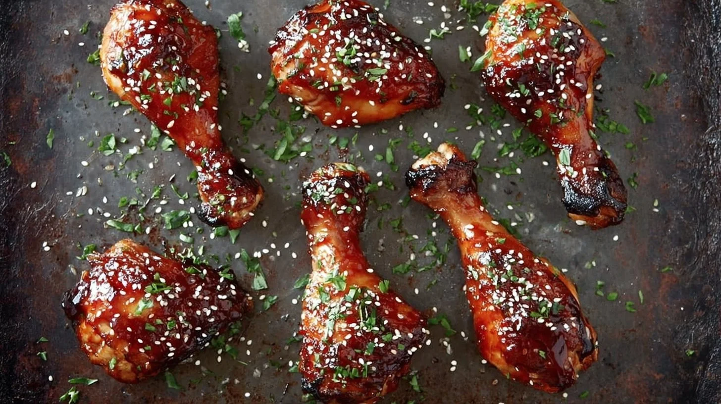Sweet and sticky baked chicken drumsticks on a serving platter.