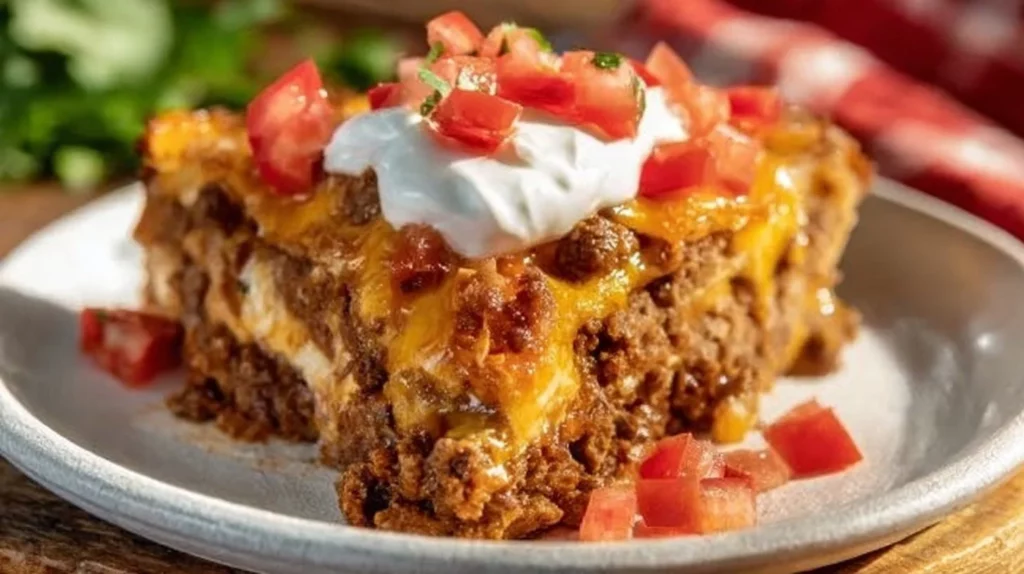 Delicious Taco Bake topped with cheese, served in a casserole dish.