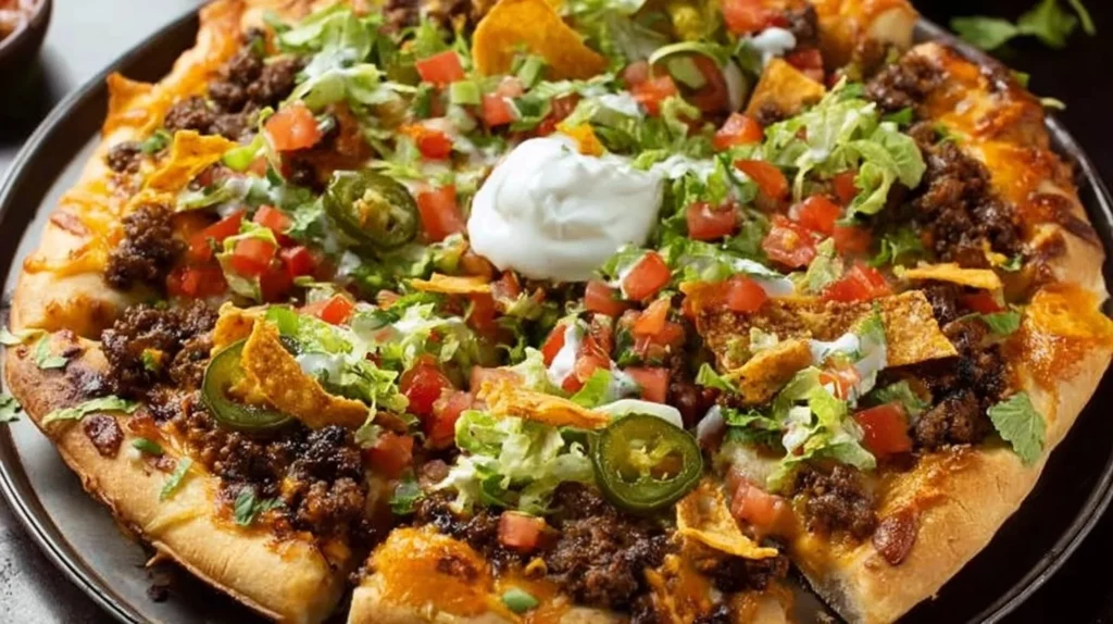 Delicious Taco Pizza topped with seasoned beef, lettuce, cheese, and salsa.