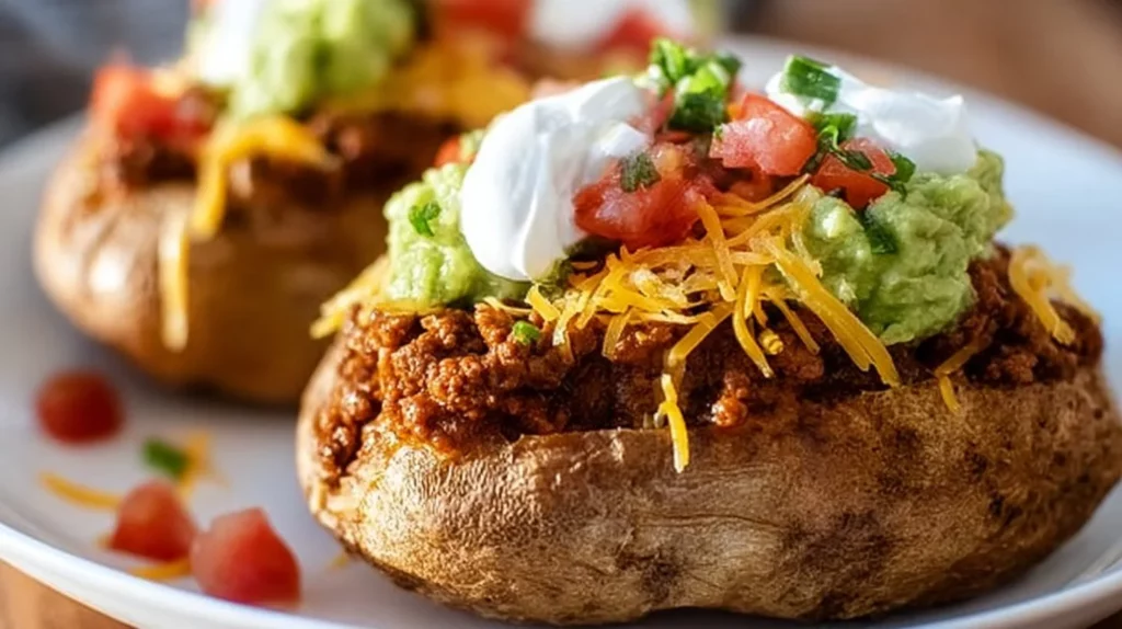 Taco Potatoes topped with cheese, lettuce, and salsa on a plate