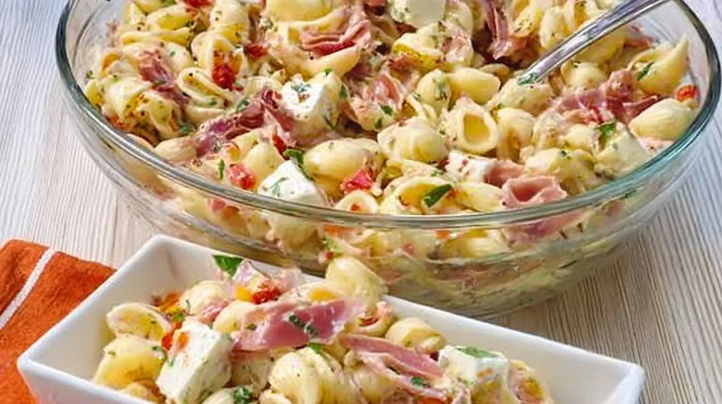 A colorful bowl of tangy Italian pasta salad with vegetables and dressing.