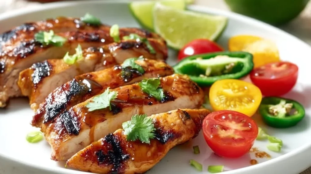 Plate of tequila lime chicken garnished with fresh herbs and lime wedges.