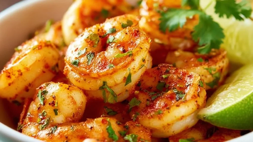 Tequila lime shrimp garnished with fresh lime and cilantro on a plate