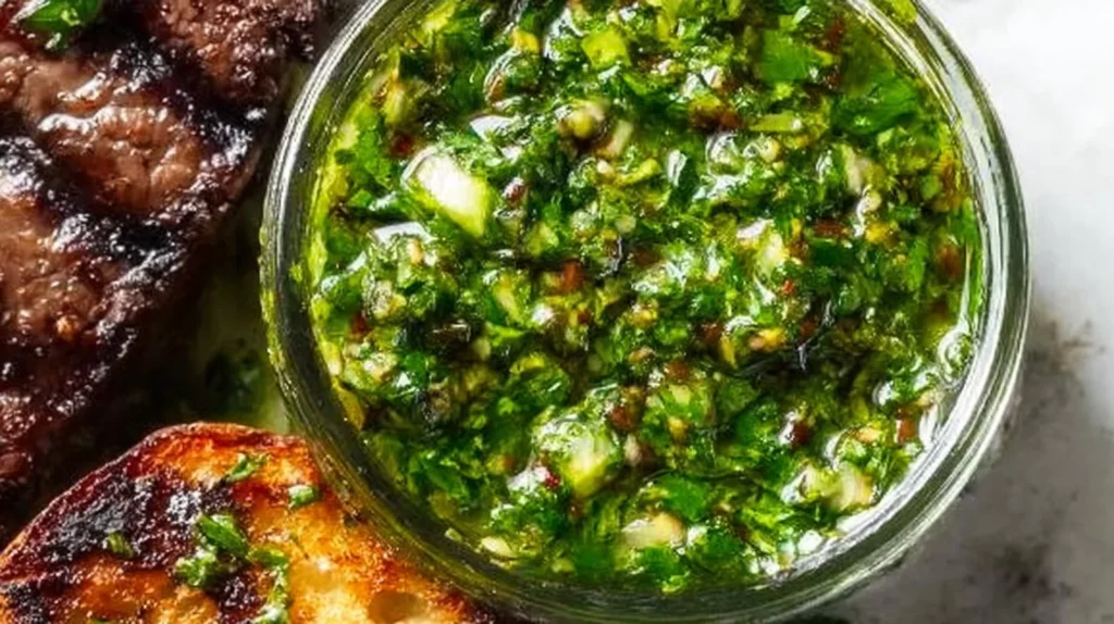 Authentic chimichurri sauce made with fresh herbs and spices for grilling