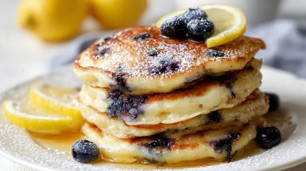 Fluffy blueberry lemon ricotta pancakes stacked with fresh blueberries and lemon zest