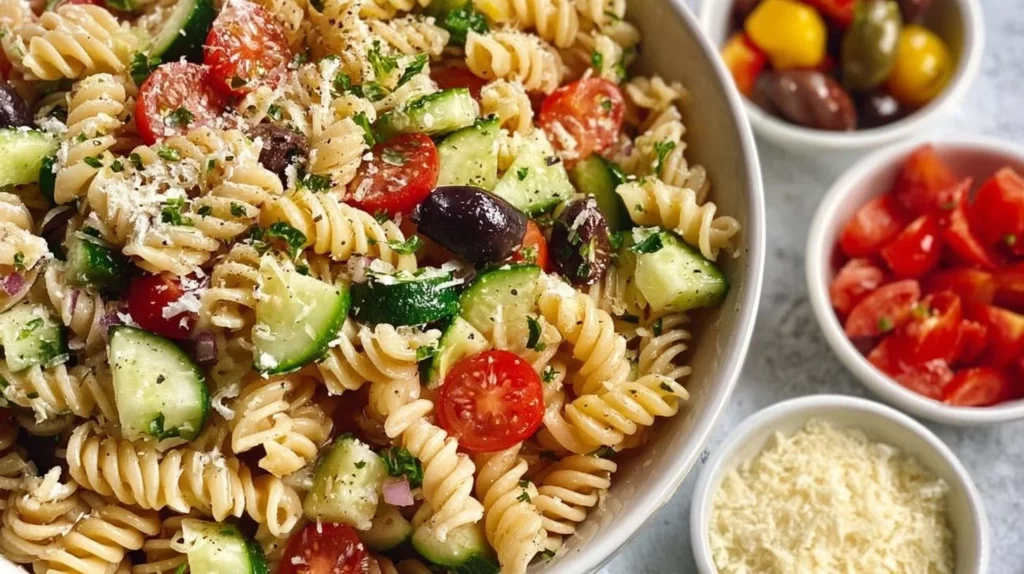 Delicious pasta salad with Italian dressing, showcasing vibrant ingredients