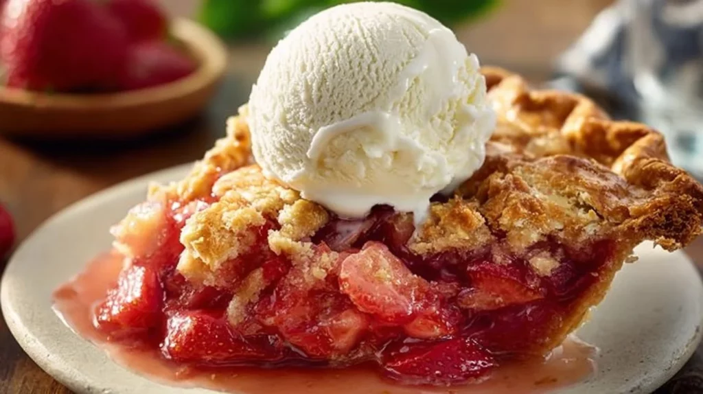 Delicious homemade strawberry rhubarb pie with flaky crust and vibrant filling.