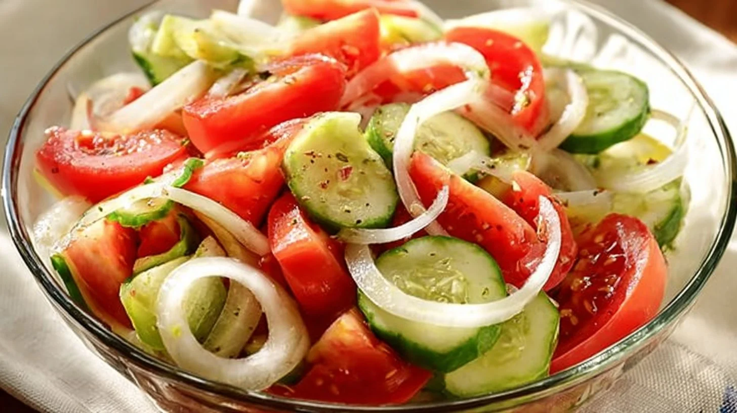Colorful Tomato Cucumber Onion Salad in a bowl garnished with fresh herbs.