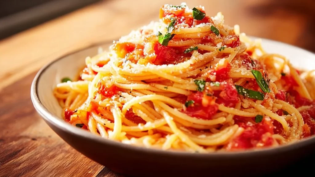 Delicious bowl of homemade tomato pasta topped with fresh basil
