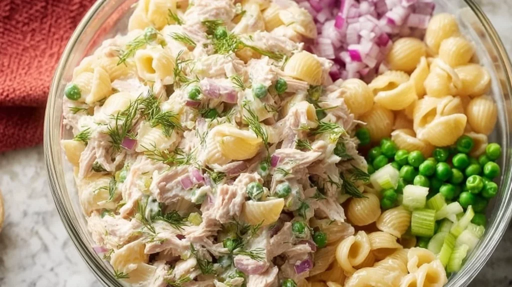 Fresh Tuna Pasta Salad with vegetables and dressing in a bowl