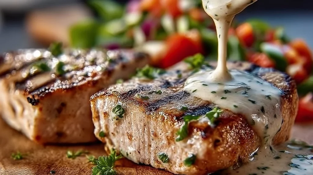 Delicious tuna steaks drizzled with creamy garlic sauce on a plate