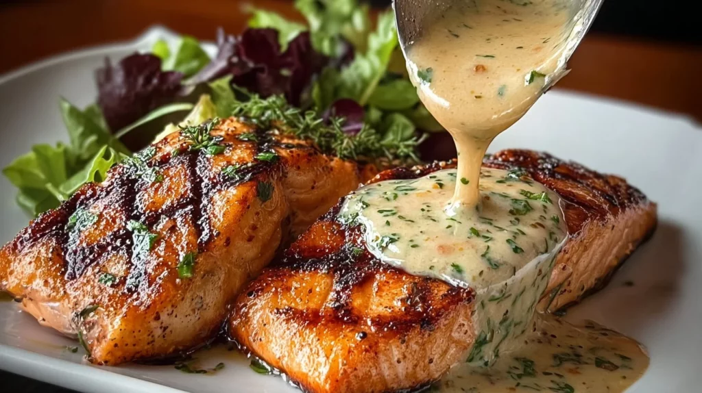 Tuna steaks with creamy garlic sauce served with a fresh garden salad