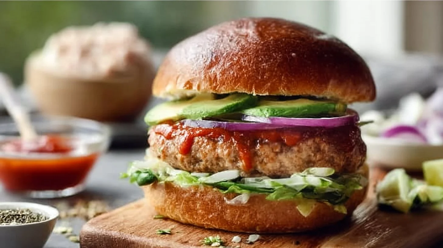 Juicy turkey burger served with fresh toppings and a side of fries