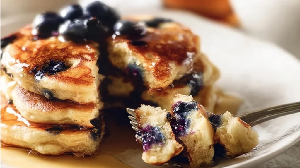 Ultimate extra super fluffy blueberry pancakes stacked and garnished with syrup