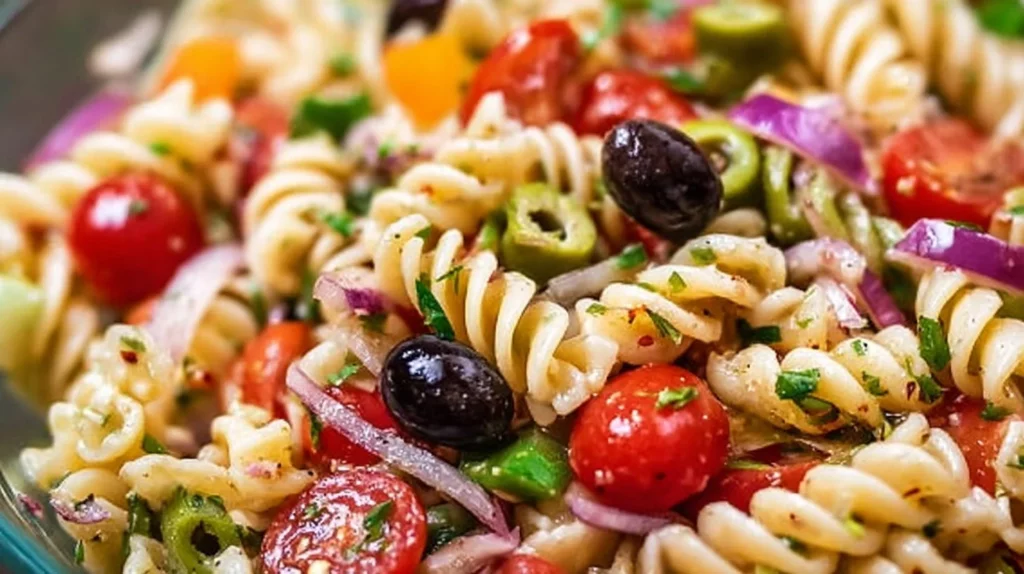 Colorful vegan pasta salad with fresh vegetables and a light dressing