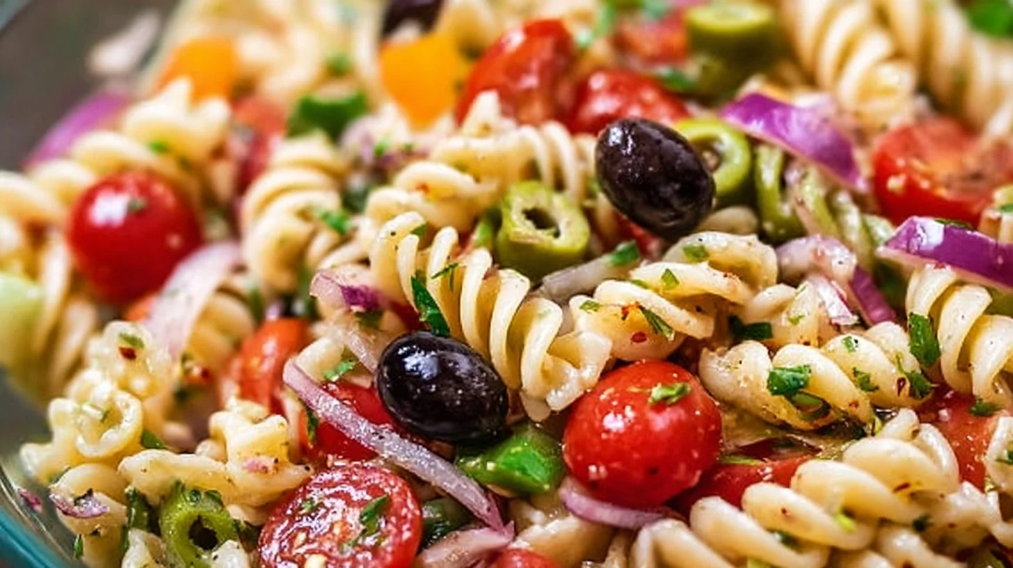 Colorful vegan pasta salad with fresh vegetables and a light dressing