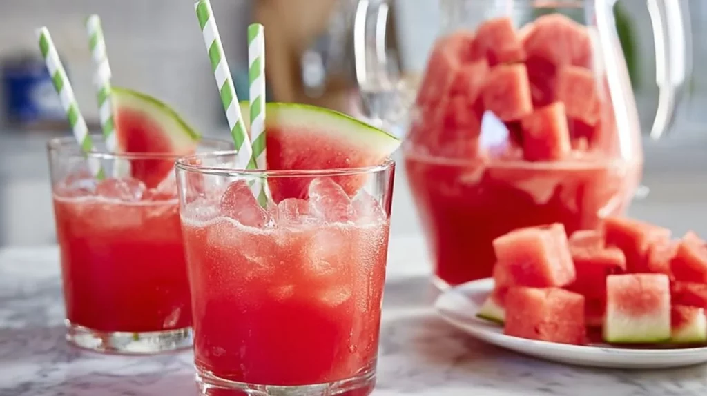 Refreshing watermelon fresh water in a clear glass with mint leaves
