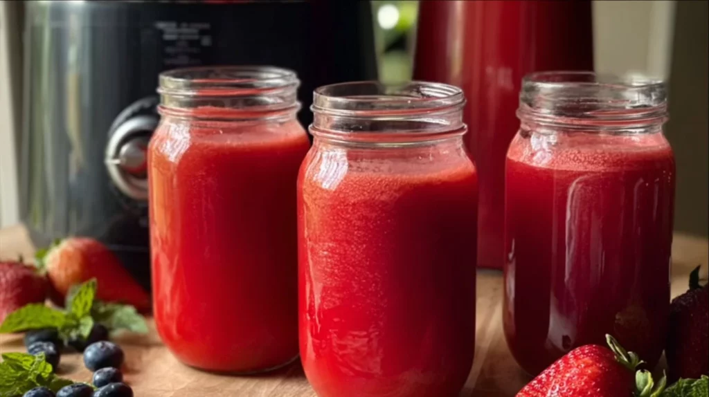 Freshly made watermelon juice in a glass with a slice of watermelon