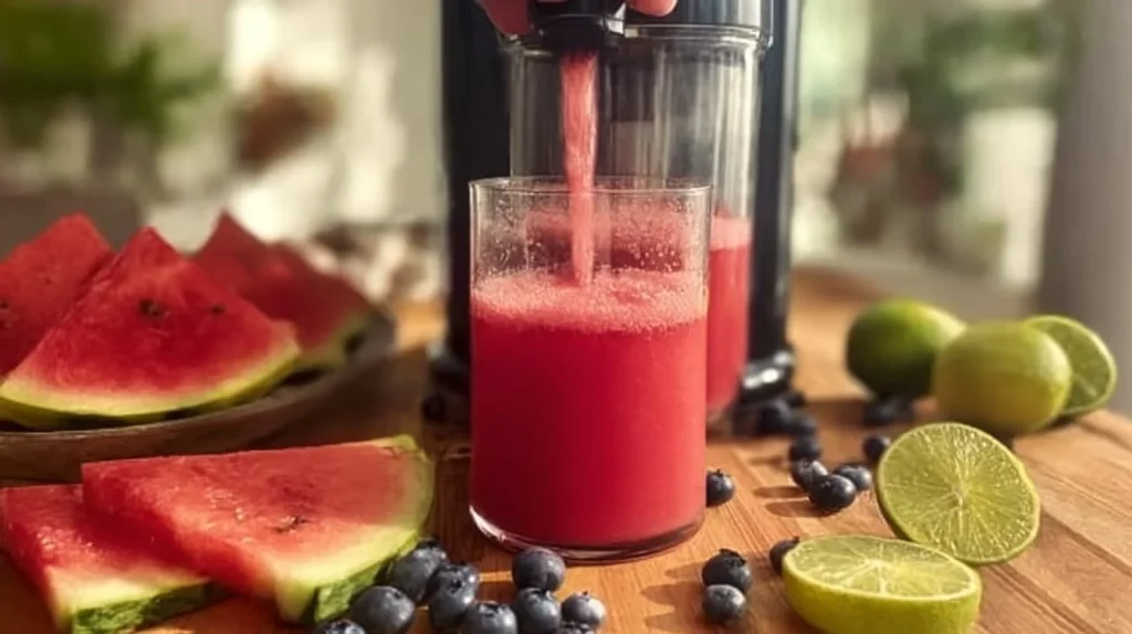 Refreshing watermelon lime juice served in a glass with mint garnish.