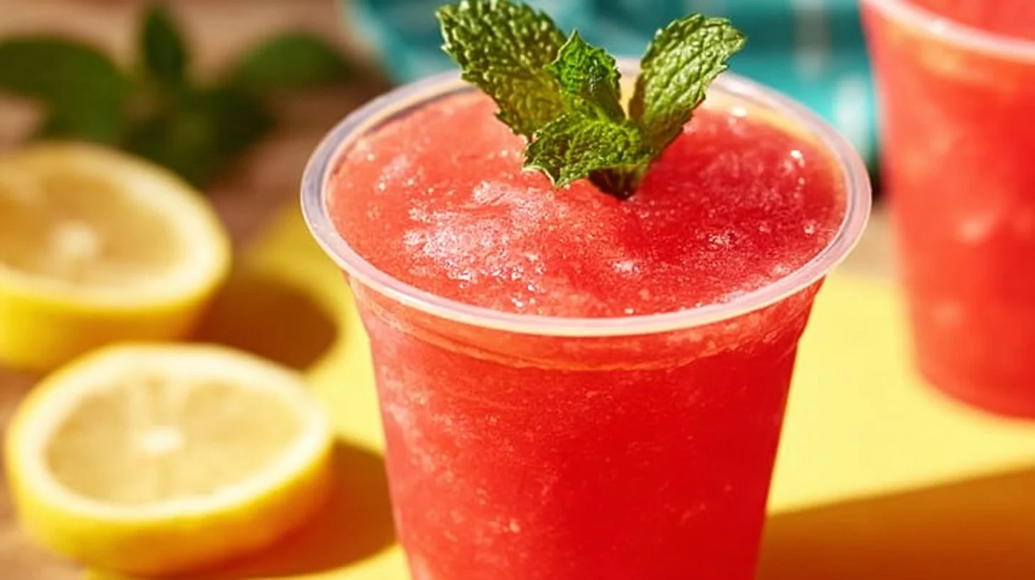 Refreshing homemade watermelon slush in a glass with ice and mint garnish