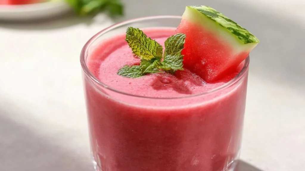 Watermelon strawberry smoothie in a glass with fresh fruit on the side