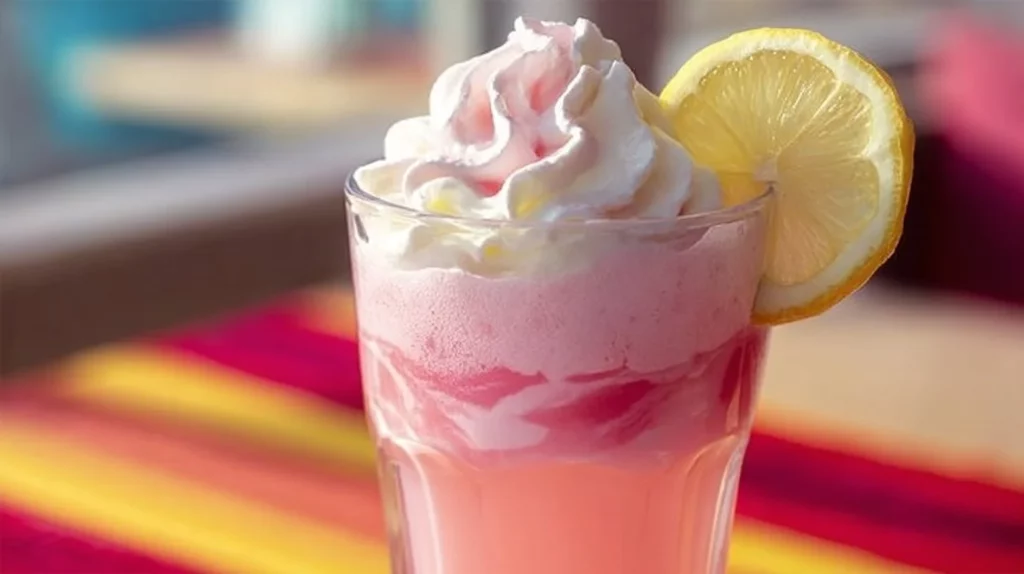 Creamy whipped pink lemonade in a glass with lemon slices and mint leaves.