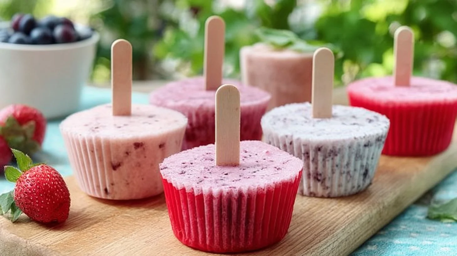 Colorful yogurt pops on a wooden stick, perfect for a healthy dessert.