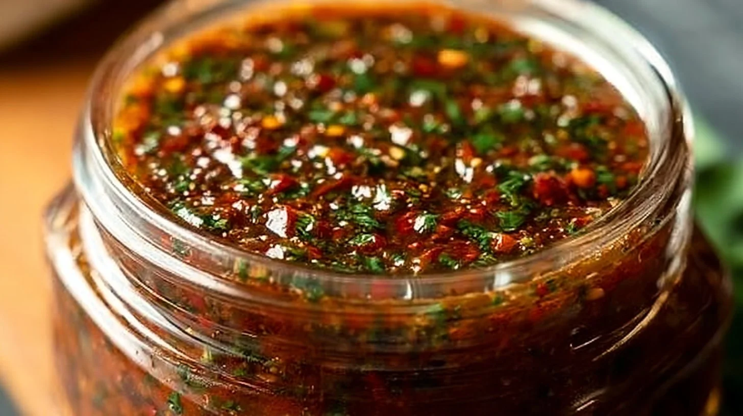 Zesty smoky red chimichurri sauce in a bowl with fresh herbs and spices.