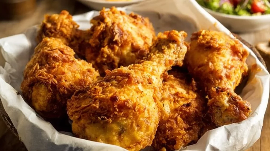 Crispy air fryer buttermilk fried chicken on a plate with herbs