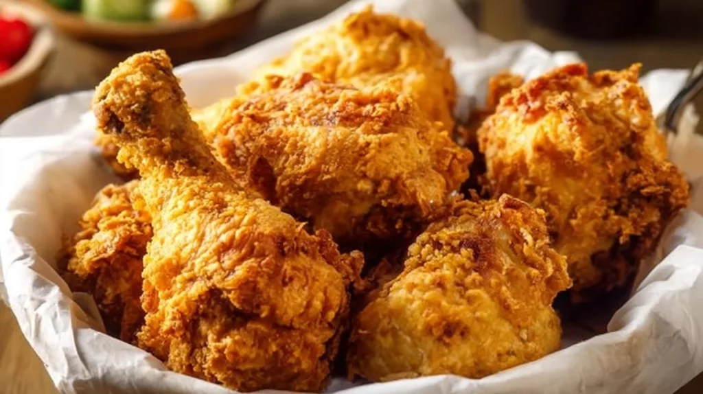Crispy air fryer buttermilk fried chicken served with dipping sauce.