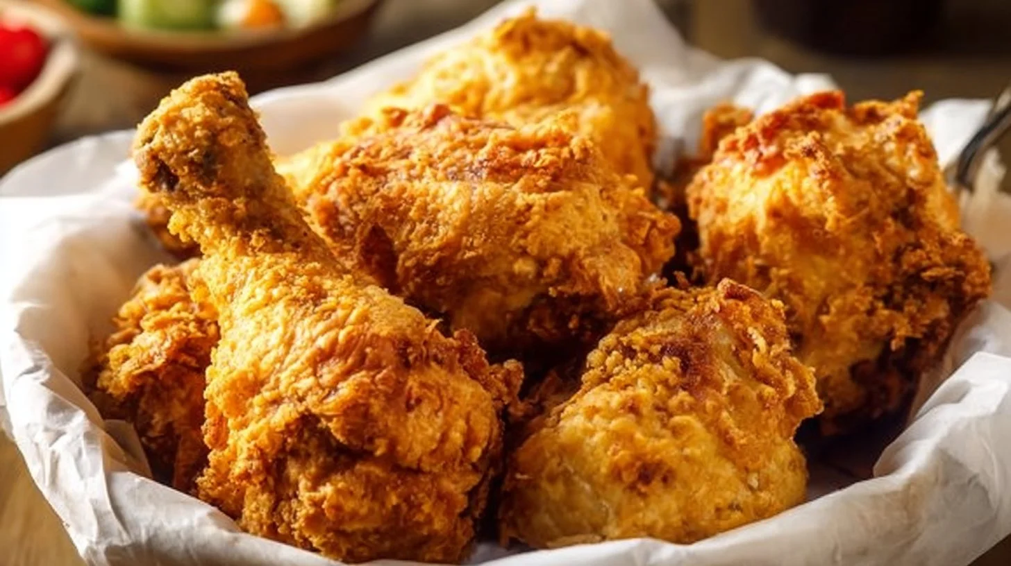 Crispy air fryer buttermilk fried chicken served with dipping sauce.