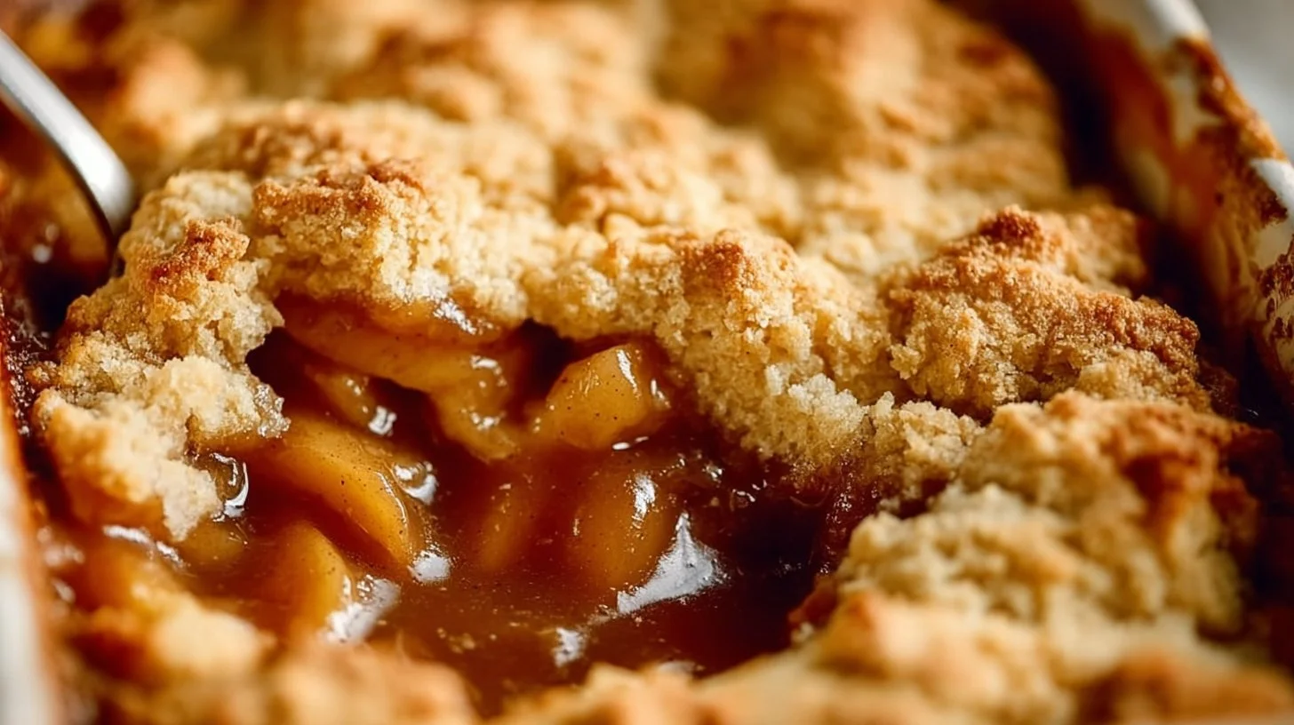 Freshly baked Apple Cobbler topped with ice cream on a rustic table