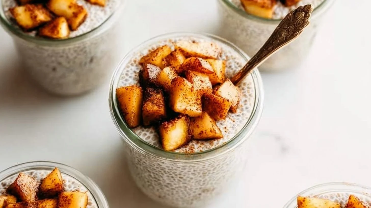Delicious apple pie chia pudding in a bowl topped with apple slices and cinnamon.