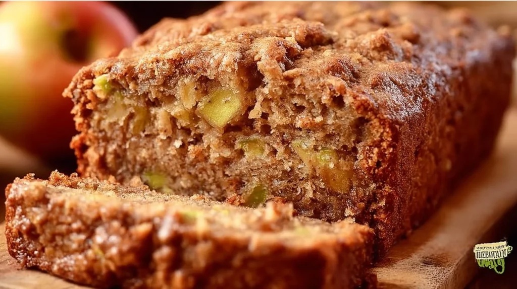 Loaf of apple zucchini bread with slices on a wooden table