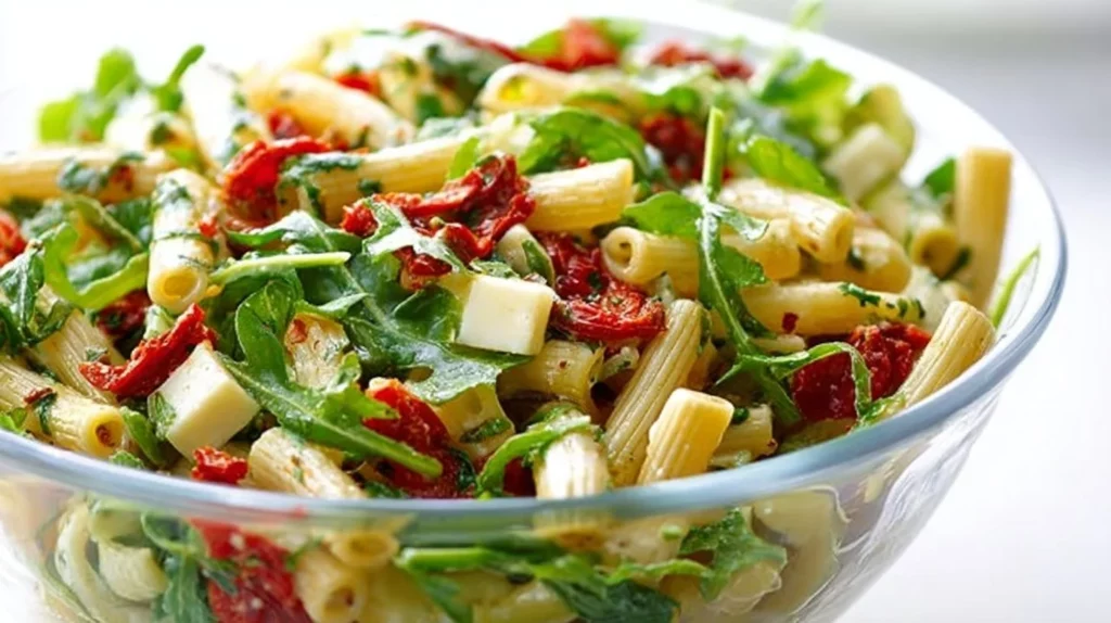 Arugula, mozzarella, pepper, and pesto Pasta Salad in a bowl