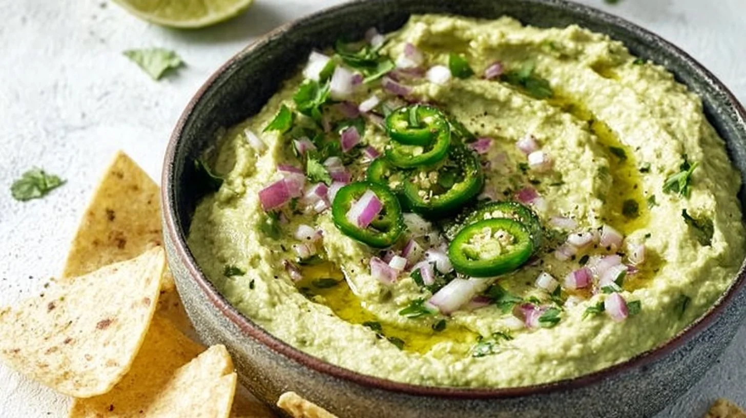 Bowl of Avocado Cilantro Lime Hummus with cilantro garnish and lime wedges
