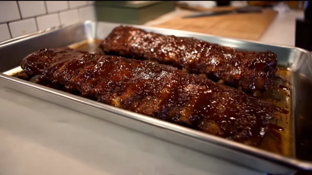 Delicious baby back ribs grilled to perfection with BBQ sauce.