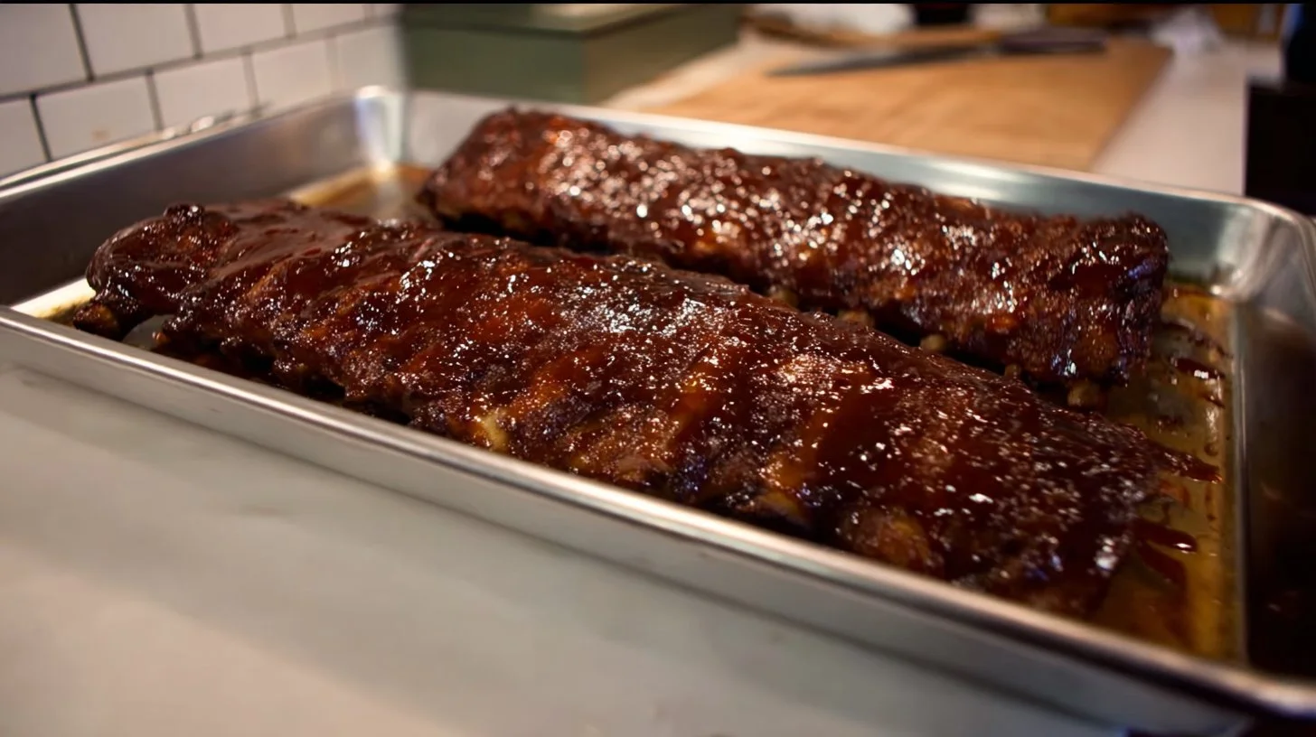 Delicious baby back ribs grilled to perfection with BBQ sauce.