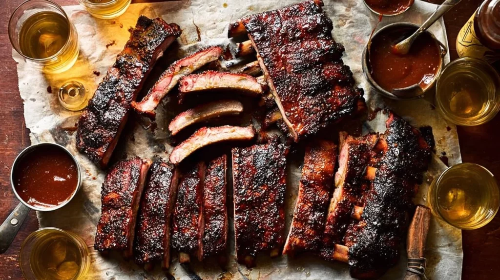 Juicy baby back ribs glazed with cola barbecue sauce on a grill.