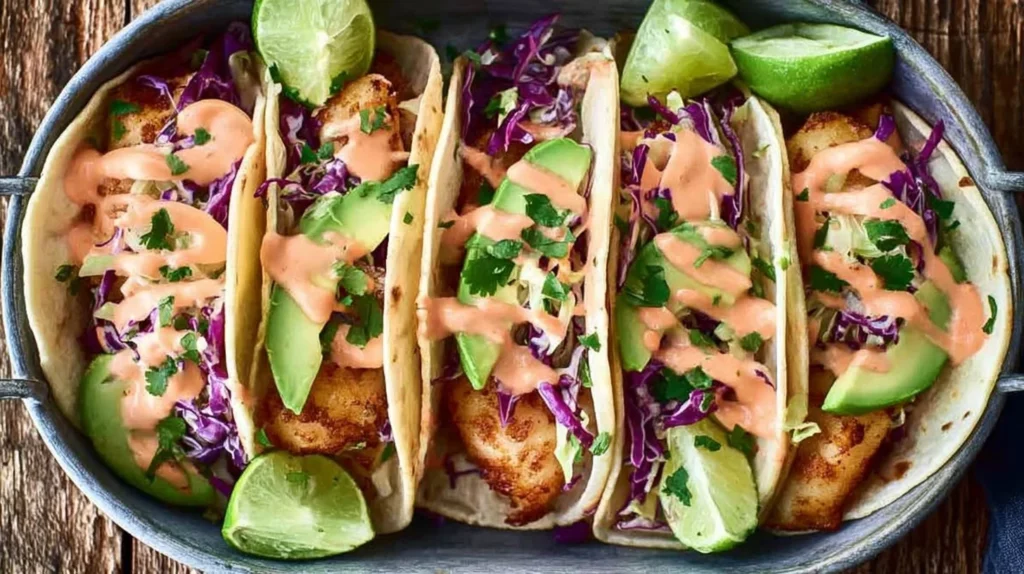 Baja Fish Tacos with crispy fish and fresh ingredients served on a plate