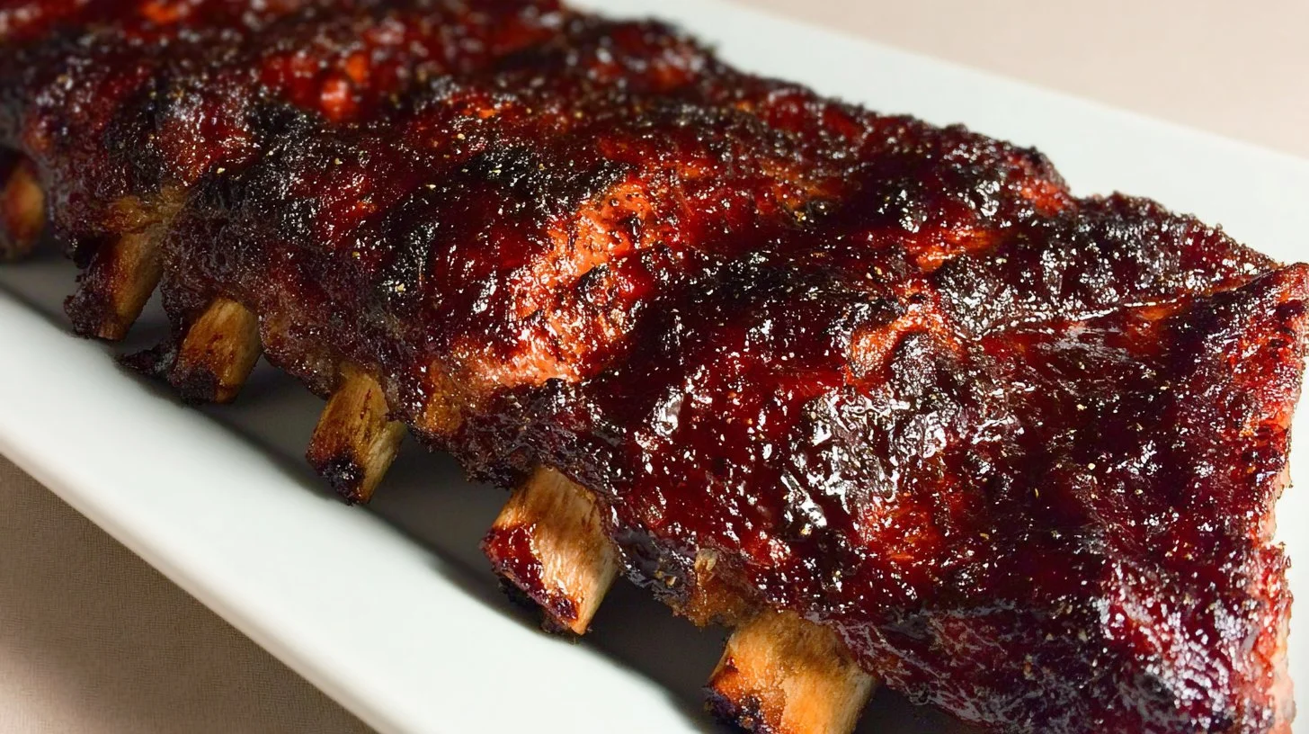 Delicious baked BBQ baby back ribs glazed with barbecue sauce