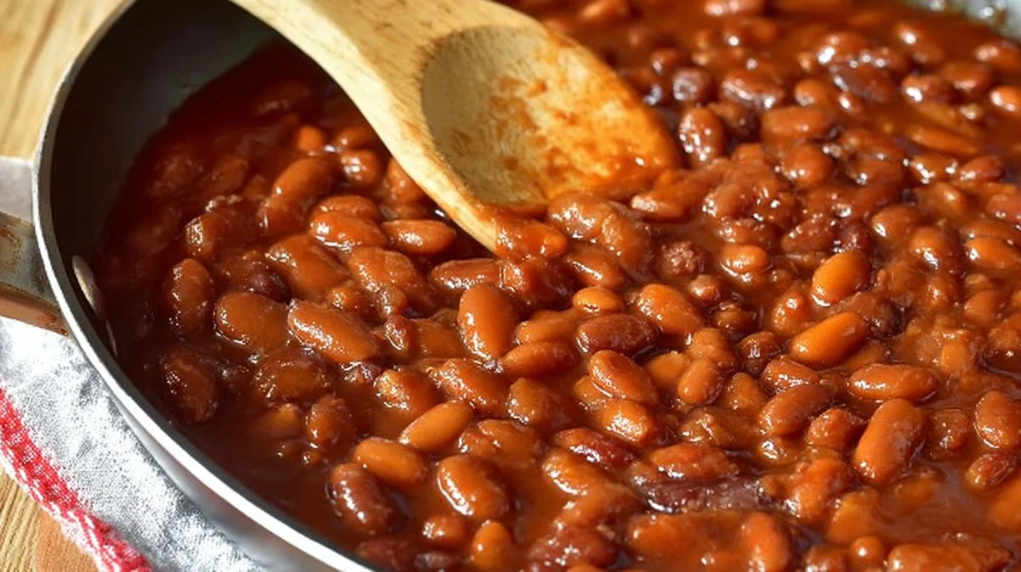 Homemade baked beans in a bowl with herbs and spices