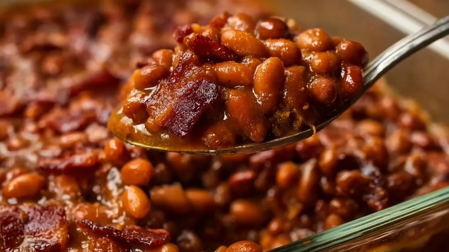 Delicious baked beans with crispy bacon served in a bowl