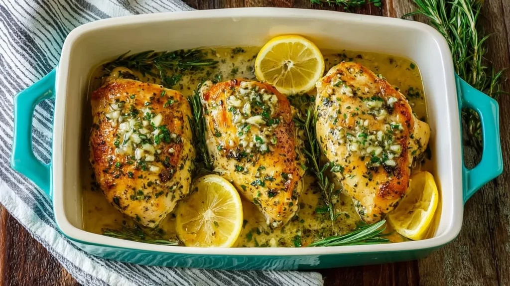 Baked Rosemary Chicken with Lemon Butter Sauce on a plate garnished with herbs