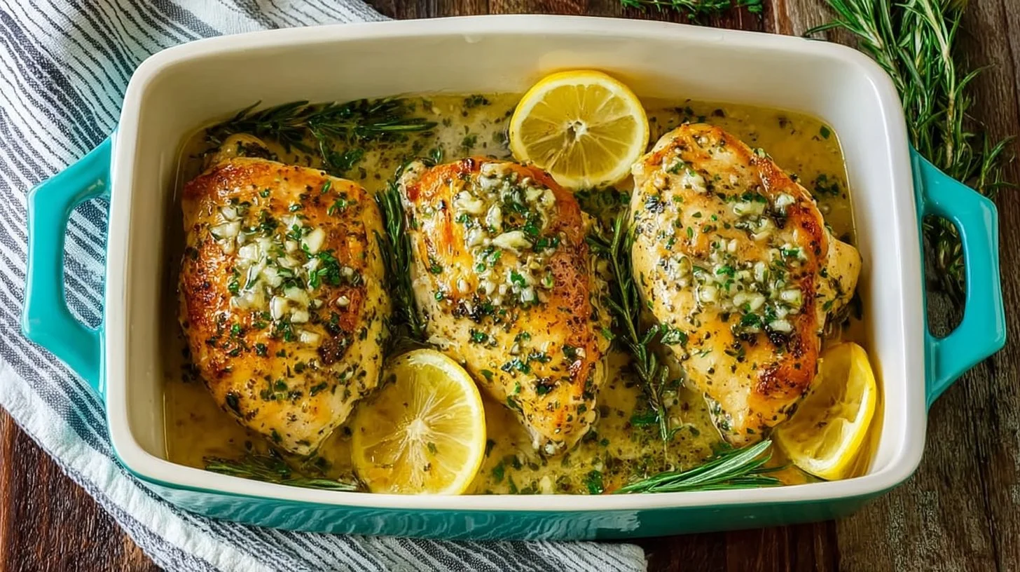 Baked Rosemary Chicken with Lemon Butter Sauce on a plate garnished with herbs