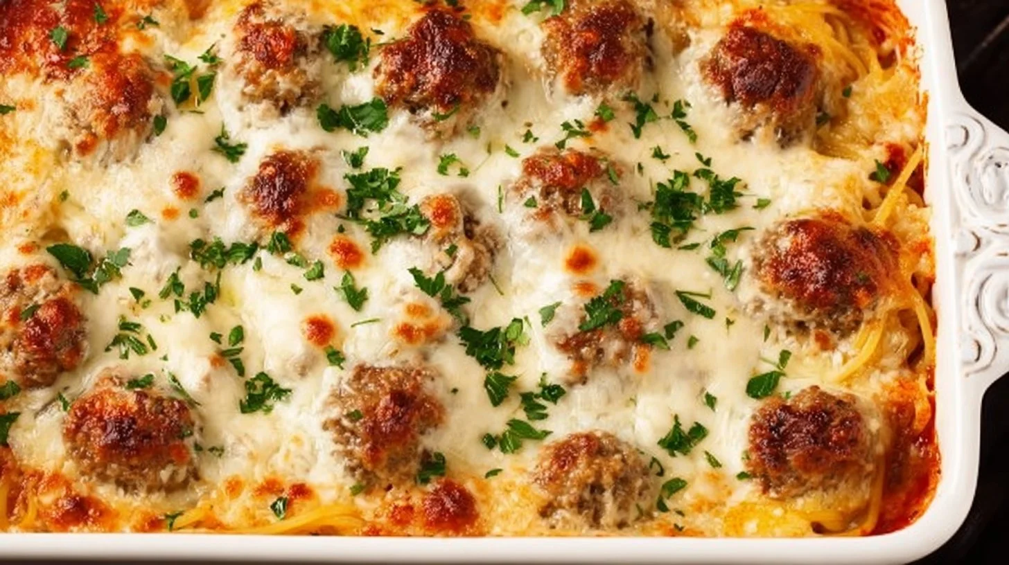 Delicious baked spaghetti and meatballs topped with cheese and herbs