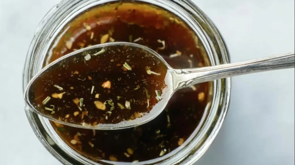 Homemade balsamic vinaigrette dressing in a glass jar with fresh ingredients