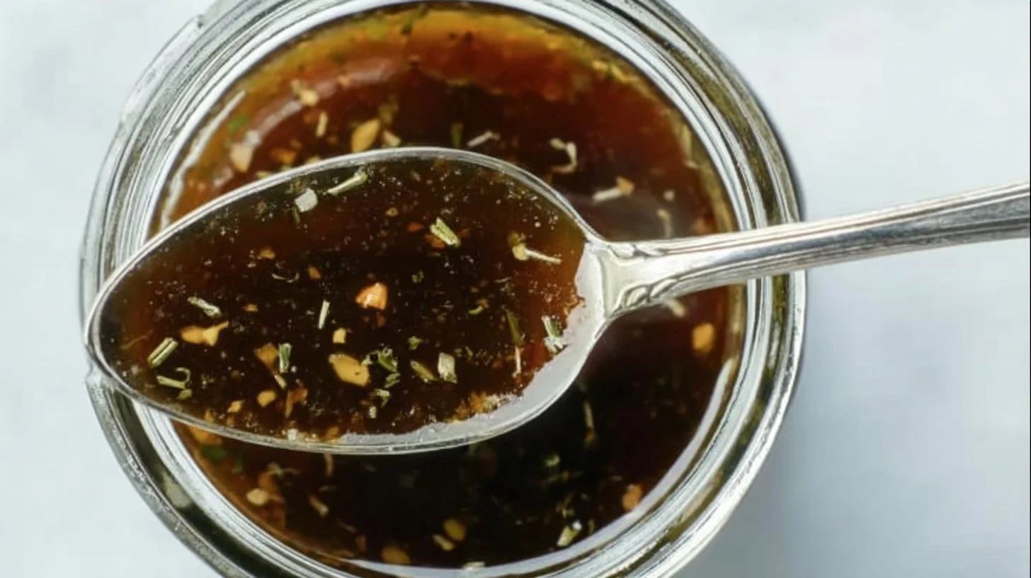 Homemade balsamic vinaigrette dressing in a glass jar with fresh ingredients