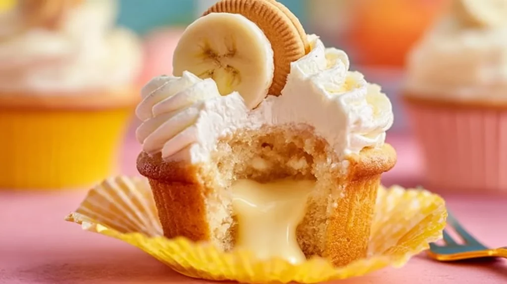Delicious banana pudding cupcakes topped with whipped cream and banana slices